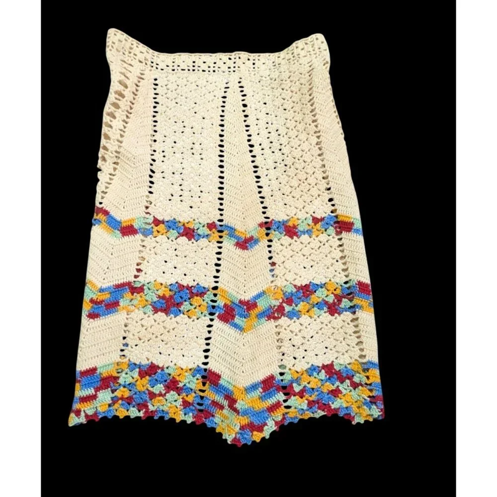 Handmade Vintage Crochet Apron Beige Multicolor Striped Trim Rustic Kitchen Nost